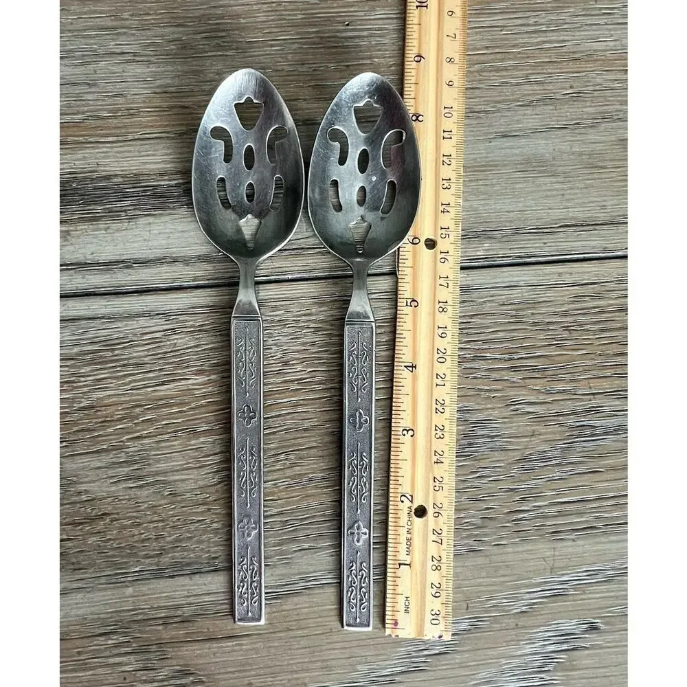 Vintage Korea National Stainless Floral Pierced Serving Spoons 8” Set Of 2